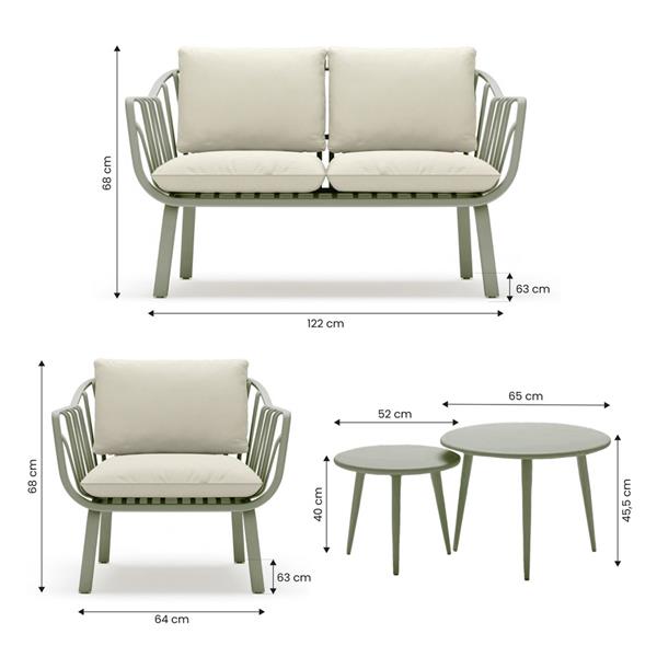 Set da giardino completo in metallo verniciato verde con cuscini - Panay