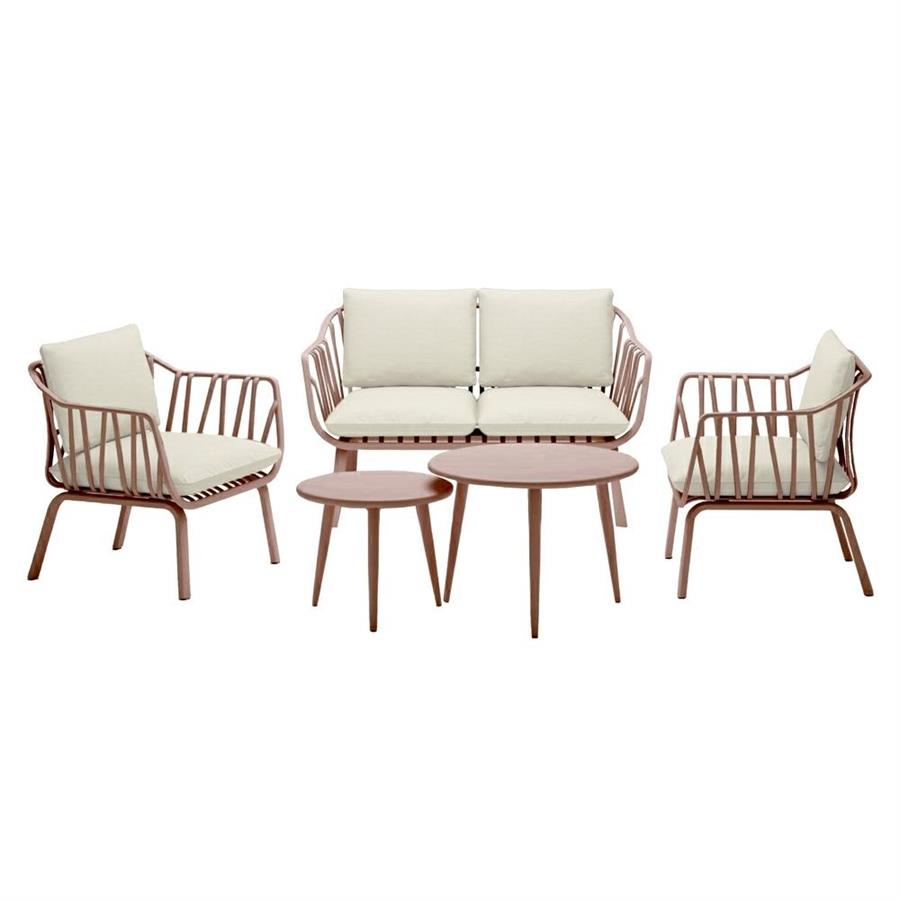 Salotto da giardino in metallo color mattone con cuscini beige - Panay