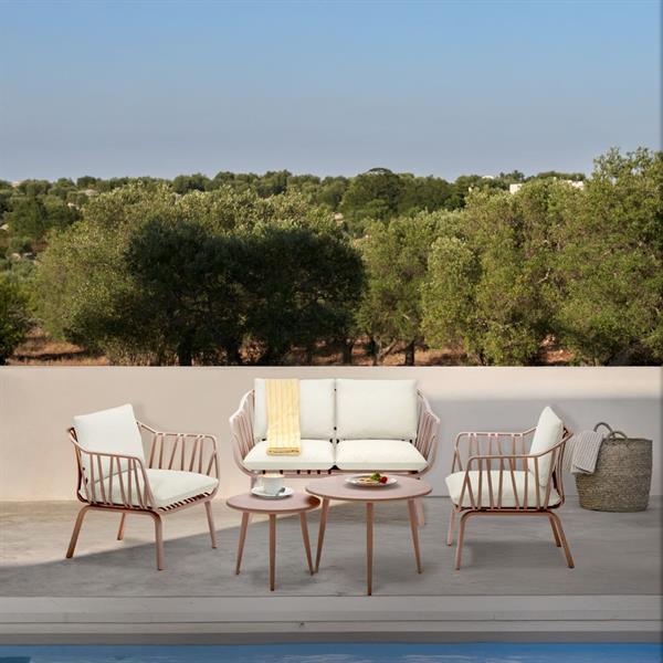 Salotto da giardino in metallo color mattone con cuscini beige - Panay