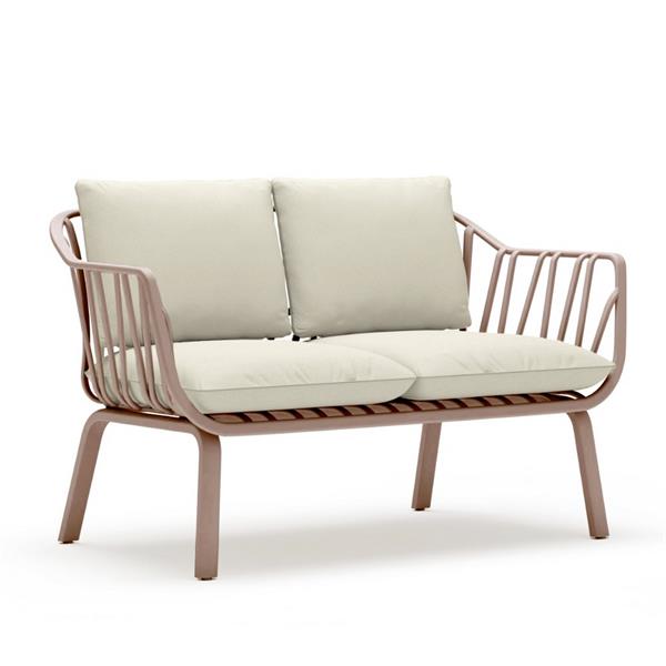 Salotto da giardino in metallo color mattone con cuscini beige - Panay