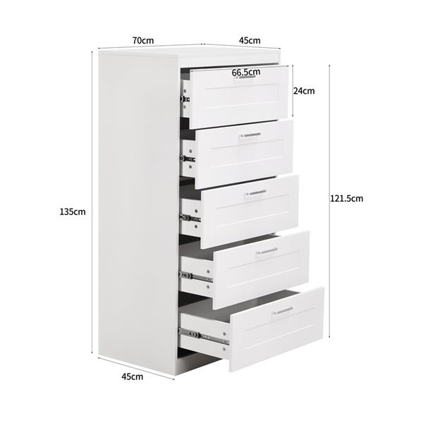 Cassettiera 5 cassetti bianca con maniglie 70x45x135 cm - Ginevra