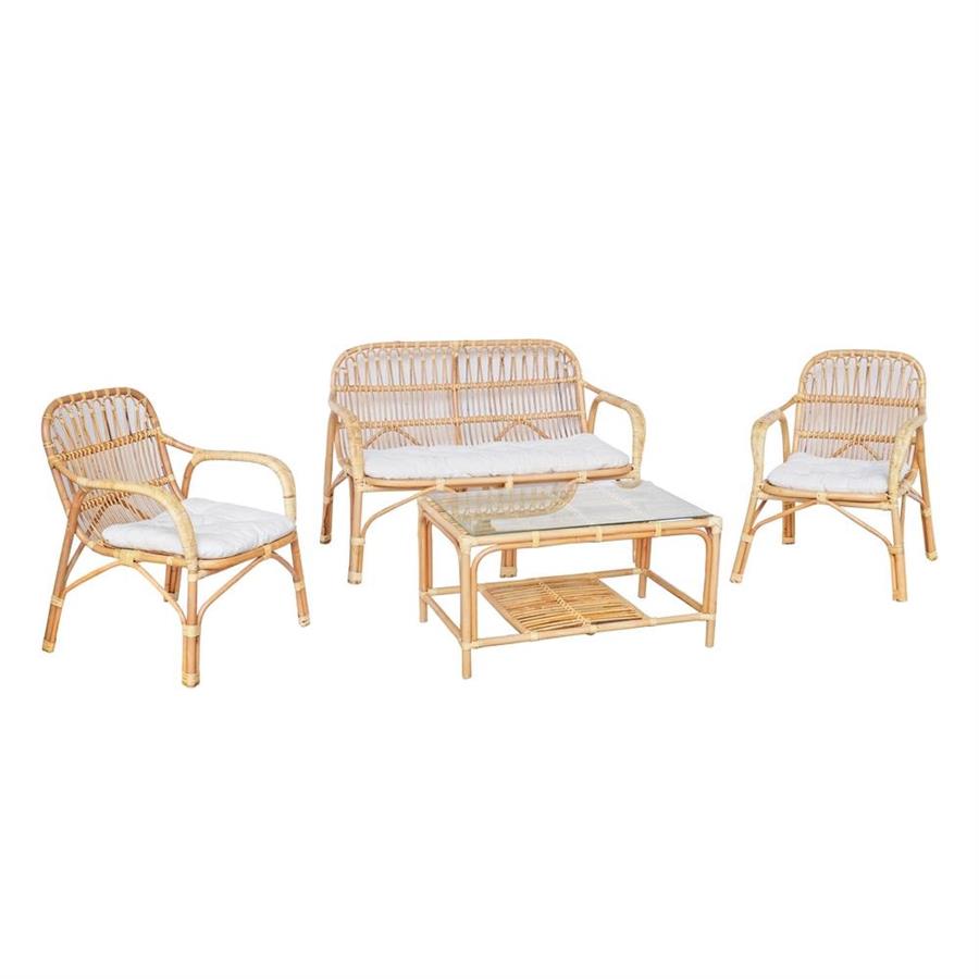Set da giardino in rattan naturale con divano 2 poltrone e tavolino - Teman