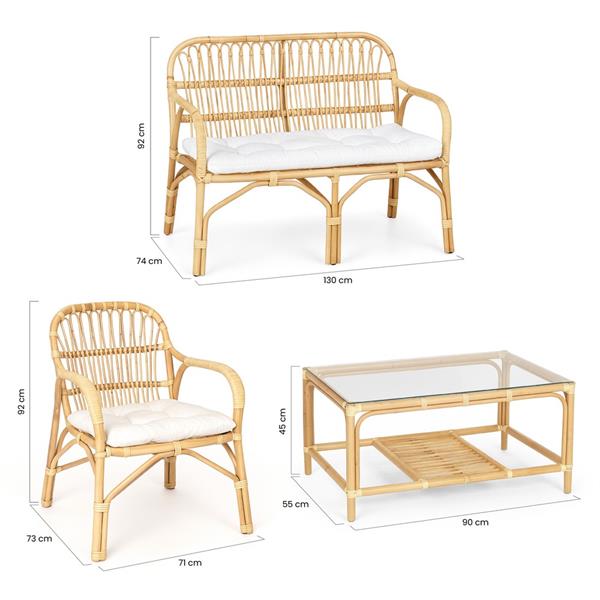 Set da giardino in rattan naturale con divano 2 poltrone e tavolino - Teman