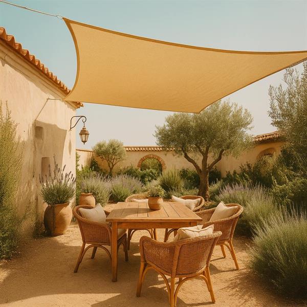 Vela parasole 5x5m beige in HDPE anti-UV con anelli acciaio