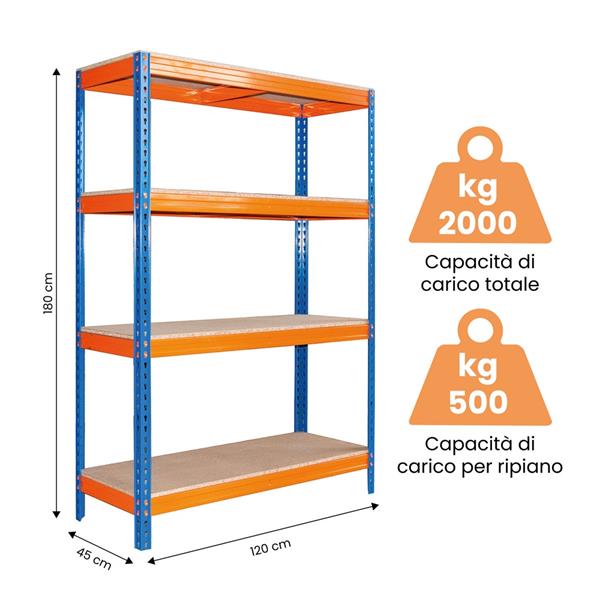 Scaffale in metallo alto carico 500kg con ripiani in multistrato 180x120x45cm