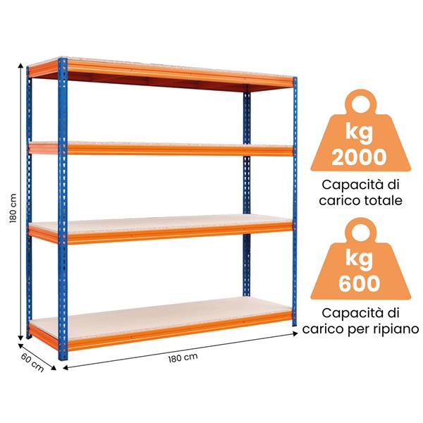 Scaffale industriale 500kg con ripiani in multistrato 180x180x60cm