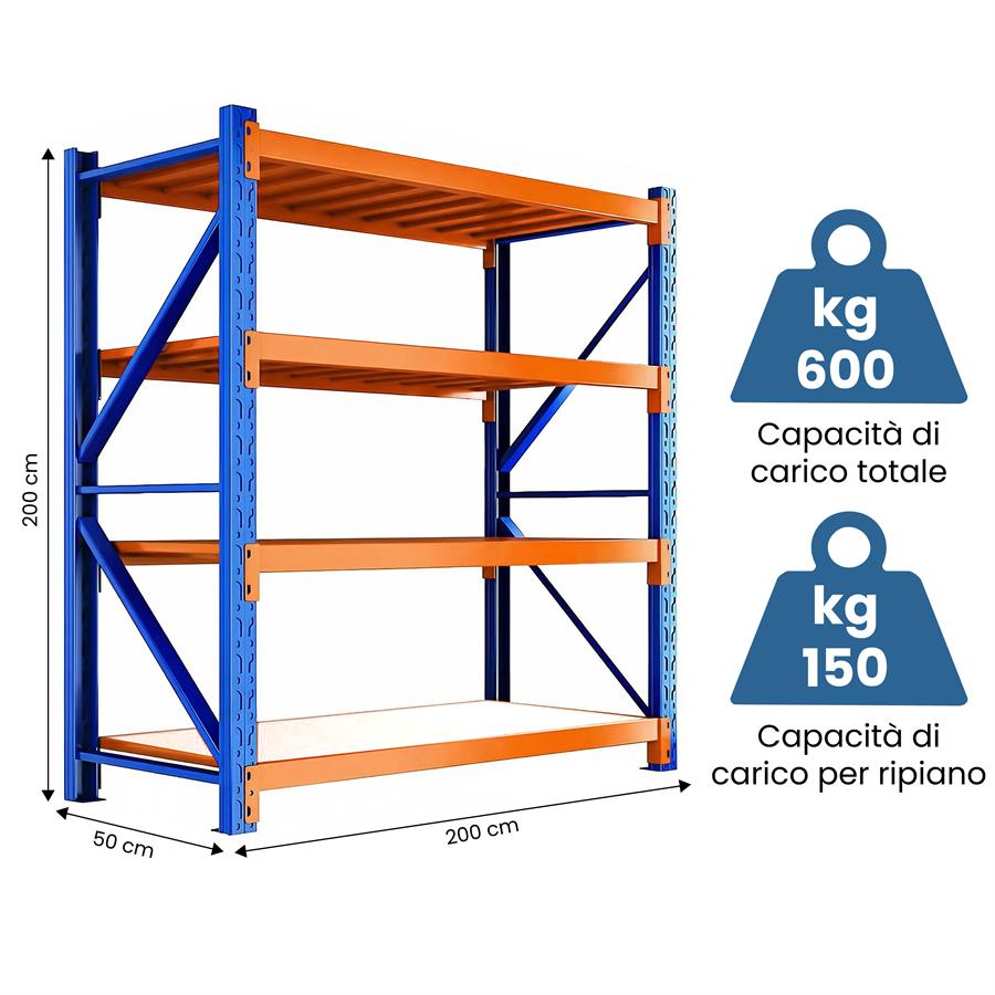 Scaffalatura metallica 200x50x200 cm per carichi pesanti 600 kg