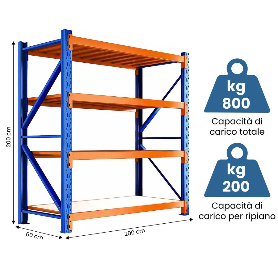 Scaffalatura metallica 200x60x200 cm carichi pesanti 800 kg