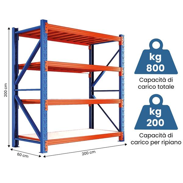Scaffalatura metallica 200x60x200 cm carichi pesanti 800 kg
