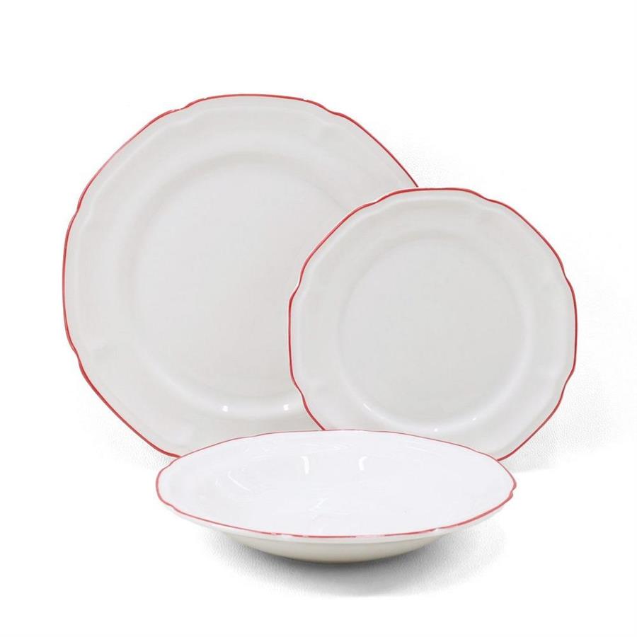 Set 18 piatti porcellana bianca con bordo rosso dipinto a mano - Grace