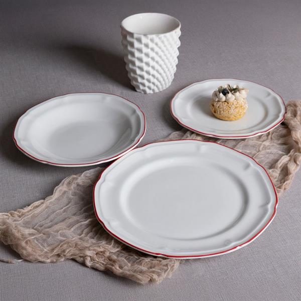 Set 18 piatti porcellana bianca con bordo rosso dipinto a mano - Grace