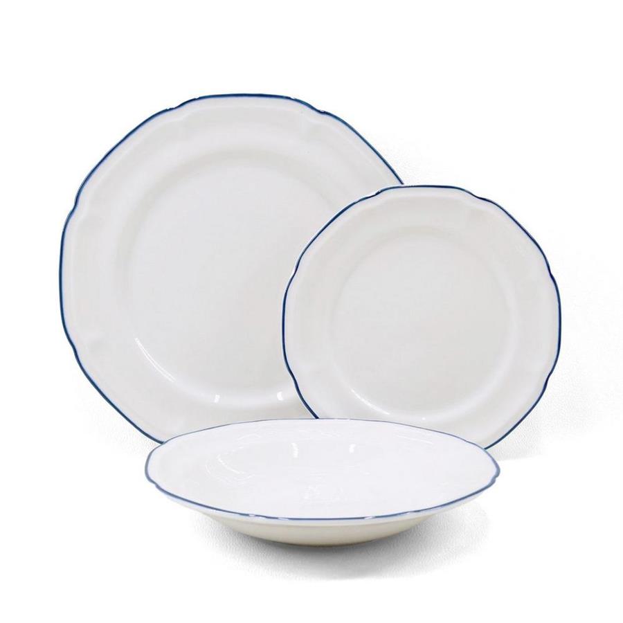 Servizio di 18 piatti in porcellana bianca con bordo blu dipinto a mano - Grace