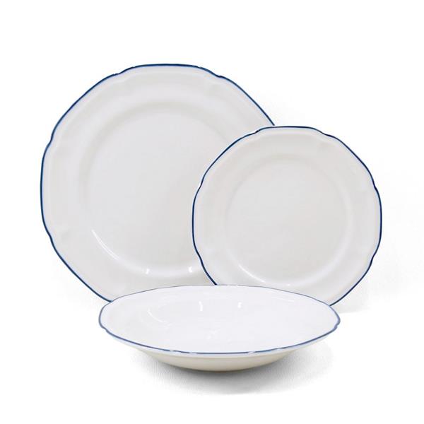 Servizio di 18 piatti in porcellana bianca con bordo blu dipinto a mano - Grace
