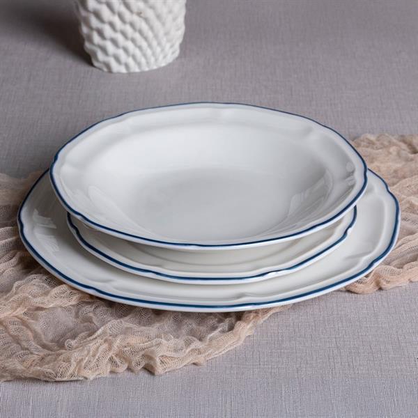 Servizio di 18 piatti in porcellana bianca con bordo blu dipinto a mano - Grace
