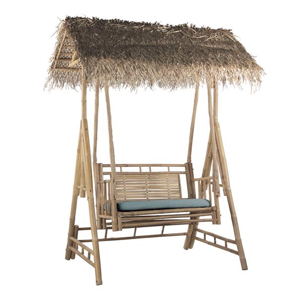 Dondolo in bamboo con tetto in palma e cuscino blu 135x99x202 cm