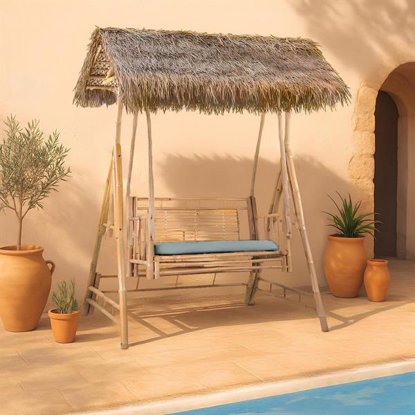 Dondolo in bamboo con tetto in palma e cuscino blu 135x99x202 cm