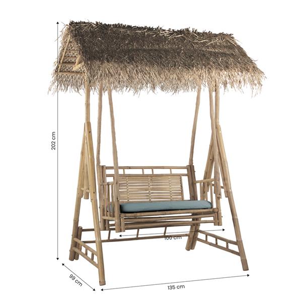 Dondolo in bamboo con tetto in palma e cuscino blu 135x99x202 cm