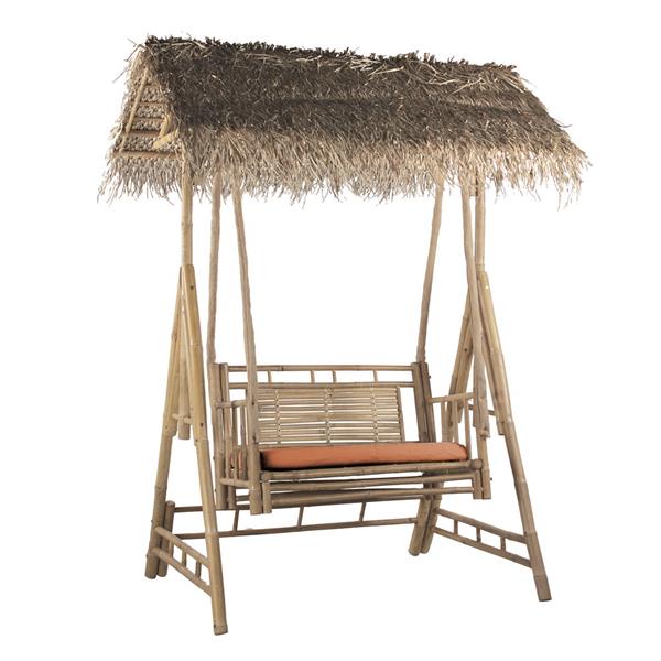 Dondolo da giardino in bamboo con tetto in fronde di palma con cuscini terracotta