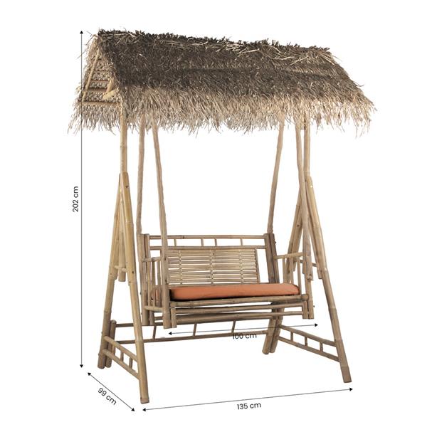 Dondolo da giardino in bamboo con tetto in fronde di palma con cuscini terracotta