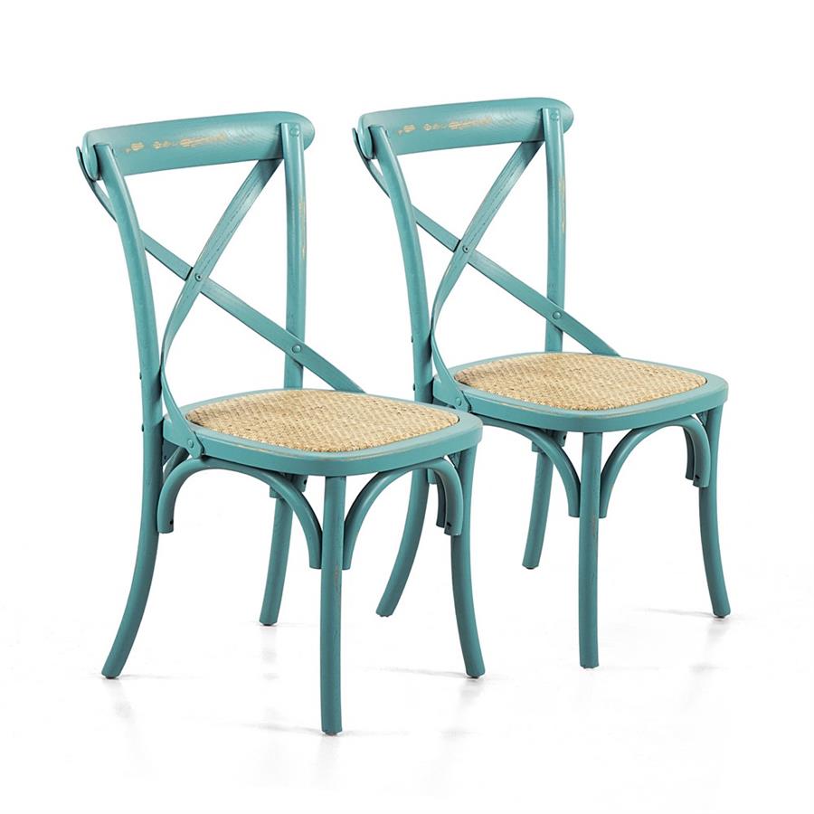 Set 2 sedie in legno di olmo e rattan azzurre vintage - Cross