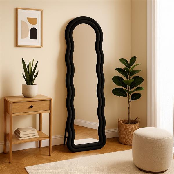 Specchio onda da terra o parete nero 55x165 cm con cornice in velluto - Wavy