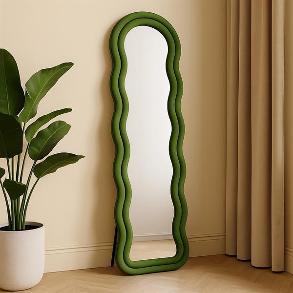 Specchio onda da terra o parete verde 55x165 cm con cornice in velluto - Wavy