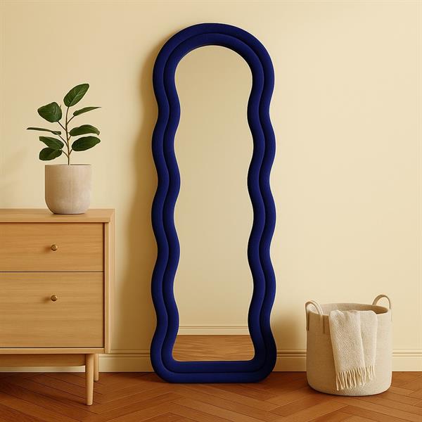 Specchio onda da terra o parete blu 55x165 cm con cornice in velluto - Wavy