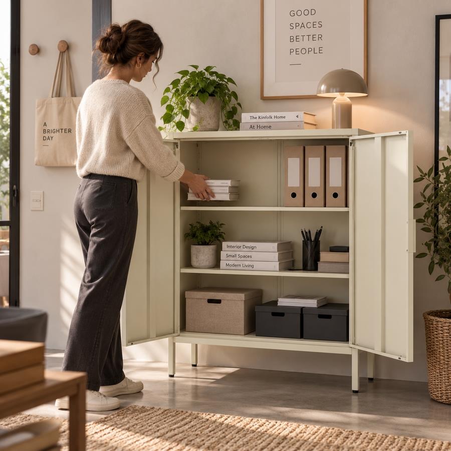 Credenza alta in metallo 2 ante 80x38x100h cm avorio - Pop
