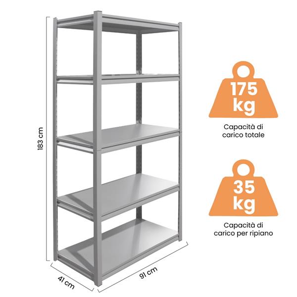 Scaffale in metallo 5 ripiani 180x90x40cm