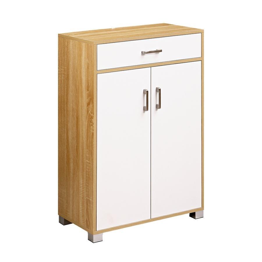 Mobiletto multiuso bianco e rovere naturale con 2 ante e 1 cassetto