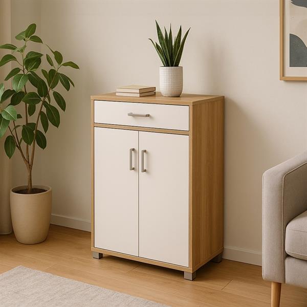 Mobiletto multiuso bianco e rovere naturale con 2 ante e 1 cassetto