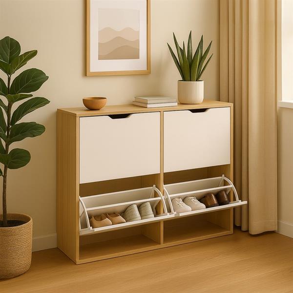 Scarpiera 4 vani bianca e rovere in pannello truciolare - Sky