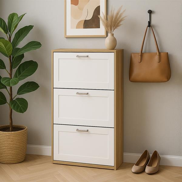 Scarpiera bianco e rovere bugnata con 3 ribalte con maniglie - Liner