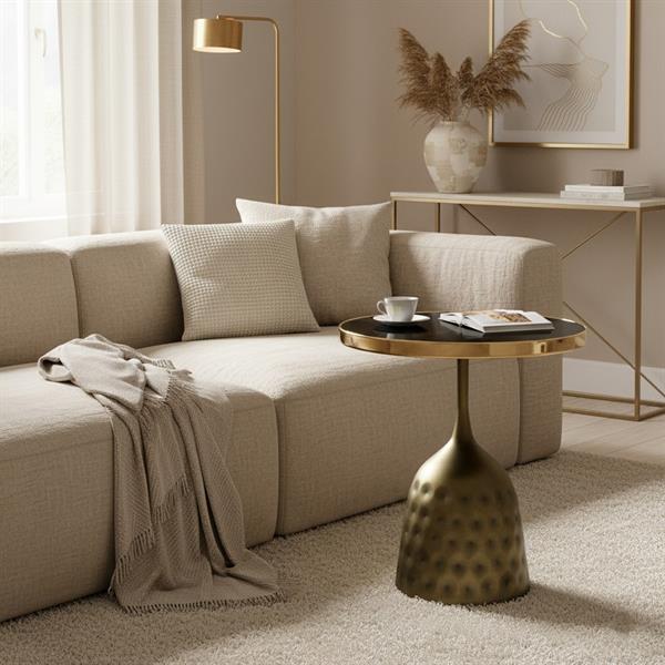 Tavolino con top in ceramica effetto marmo nero e struttura in rame - Mason