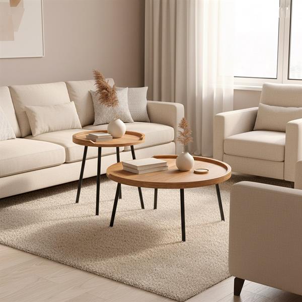 Set 2 tavolini rovere naturale con top in MDF e gambe nere in metallo - Zach