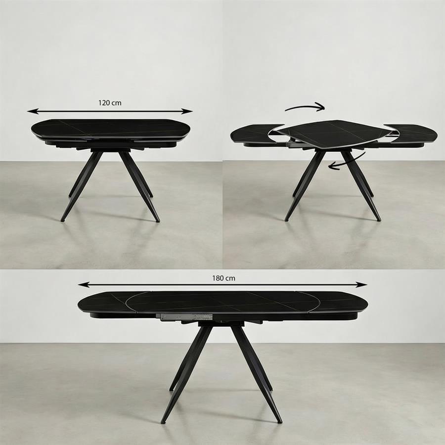 Tavolo moderno estensibile in marmo nero con gambe nere in metallo - Cassie