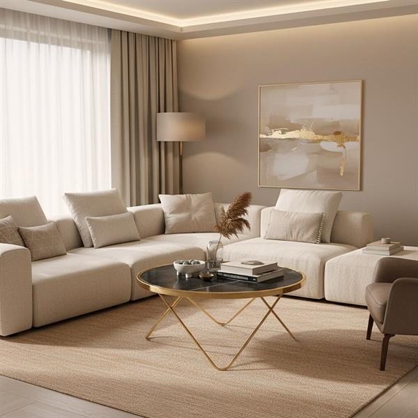 Tavolino tondo con struttura dorata e top effetto marmo grigio chiaro - Izmo