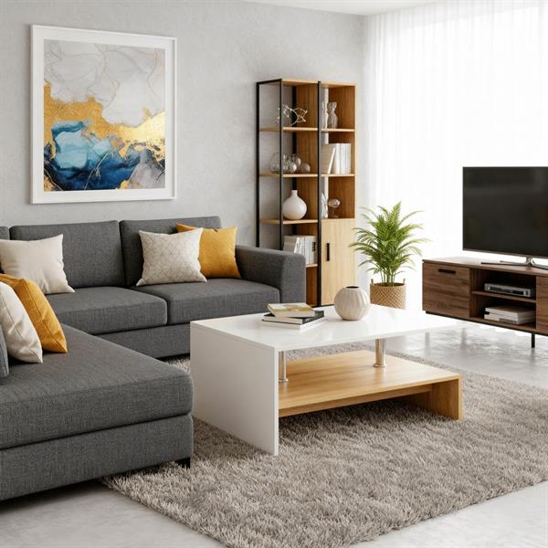 Tavolino moderno bianco e rovere naturale con dettagli in acciaio inox - Celio