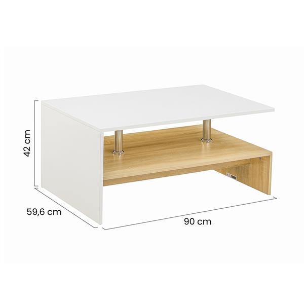 Tavolino moderno bianco e rovere naturale con dettagli in acciaio inox - Celio