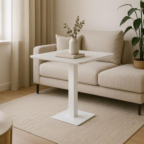 Tavolo quadrato con top marmo grigio chiaro e colonna centrale bianca - Jago