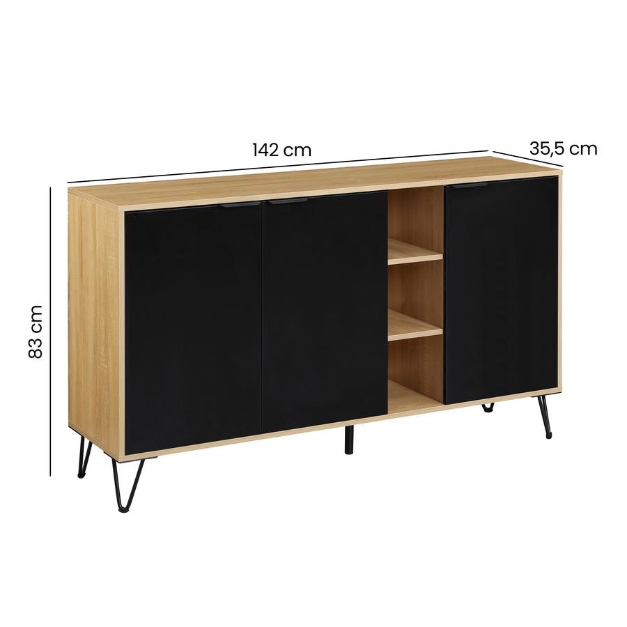 Credenza moderna 3 ante in legno rovere e nero 142x35,6x83 cm – Madrid