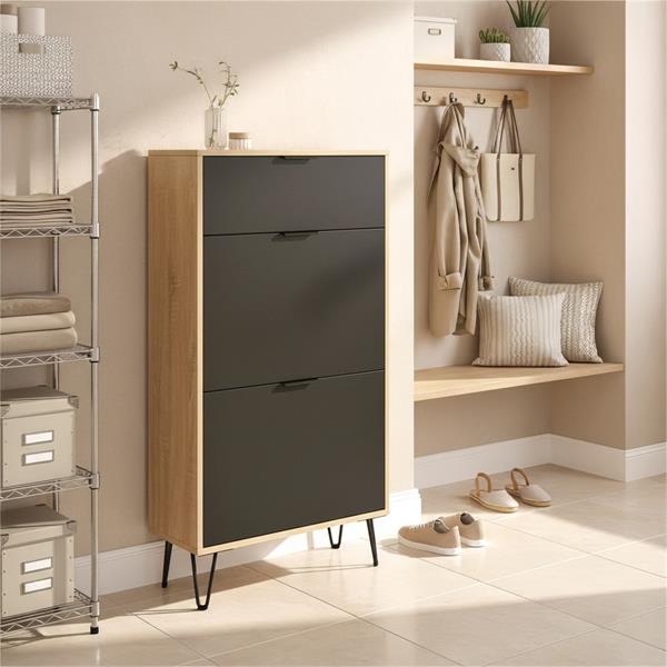 Scarpiera in legno con ante a ribalta rovere e nero 63x26x118 cm – Madrid