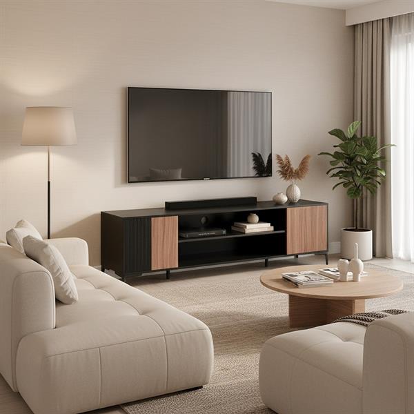 Mobile TV soggiorno moderno in legno noce e nero 180x40x53,4 cm – Toledo