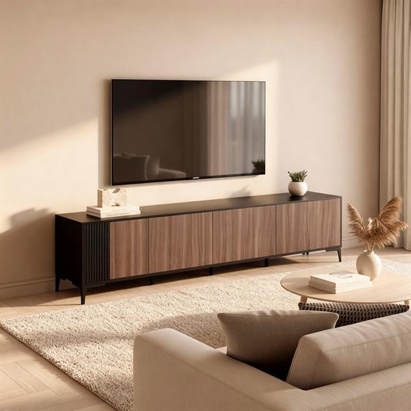 Mobile TV soggiorno moderno 4 ante in legno noce e nero 200x40x54 cm – Toledo
