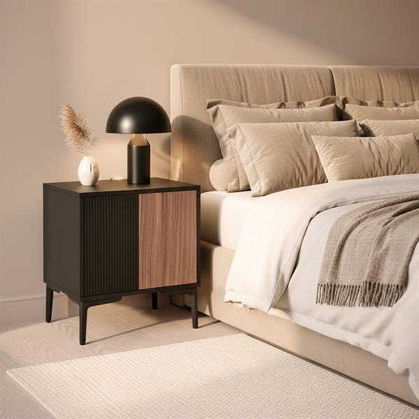 Comodino camera da letto moderno in legno noce e nero 44x40x52,5 cm – Toledo