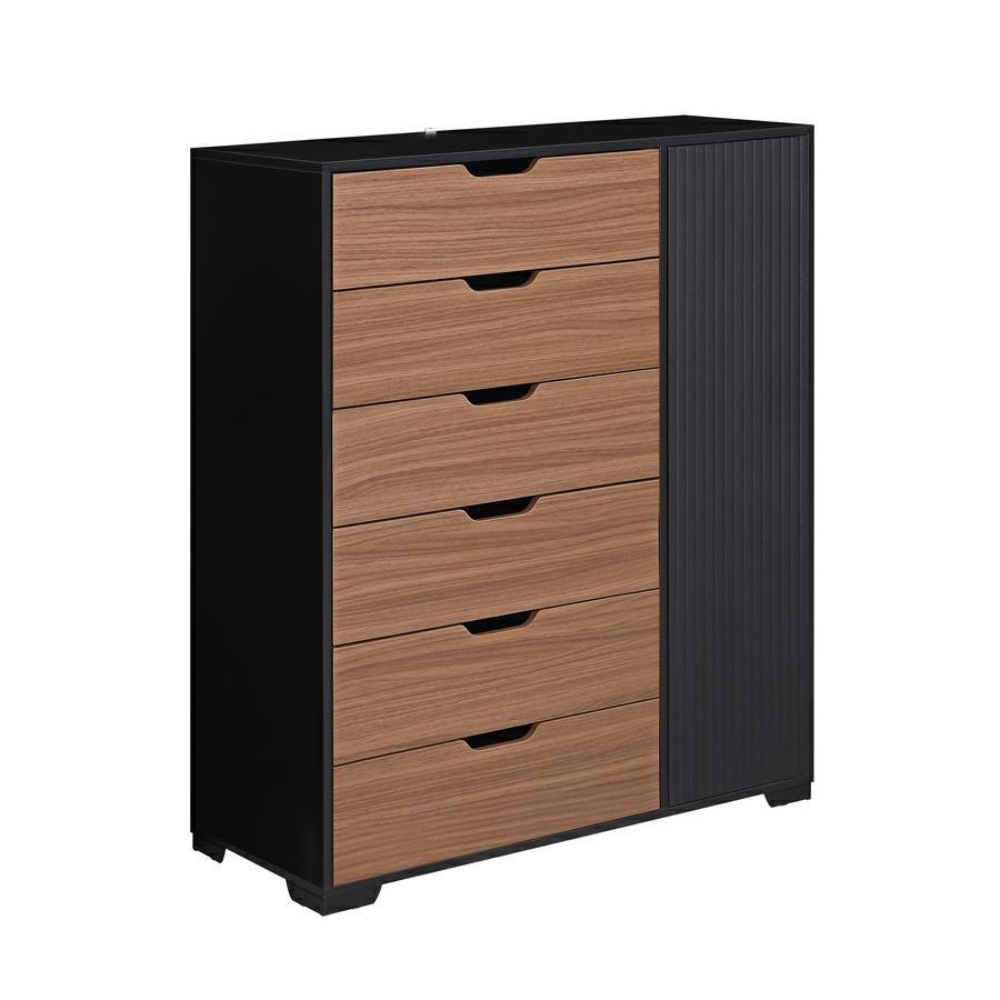 Cassettiera moderna in legno noce e nero 6 cassetti e anta 100x40x117 cm – Toledo