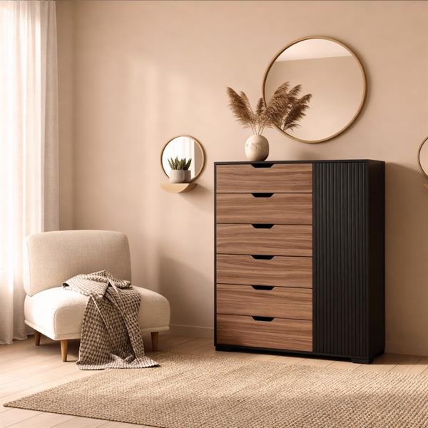 Cassettiera moderna in legno noce e nero 6 cassetti e anta 100x40x117 cm – Toledo