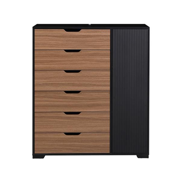 Cassettiera moderna in legno noce e nero 6 cassetti e anta 100x40x117 cm – Toledo