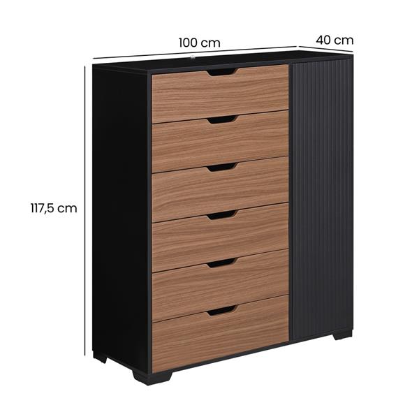 Cassettiera moderna in legno noce e nero 6 cassetti e anta 100x40x117 cm – Toledo