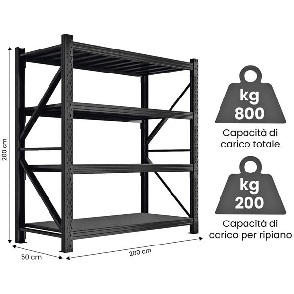 Scaffale rack in metallo 4 ripiani 200x50x200 cm per carichi pesanti 600 kg nero